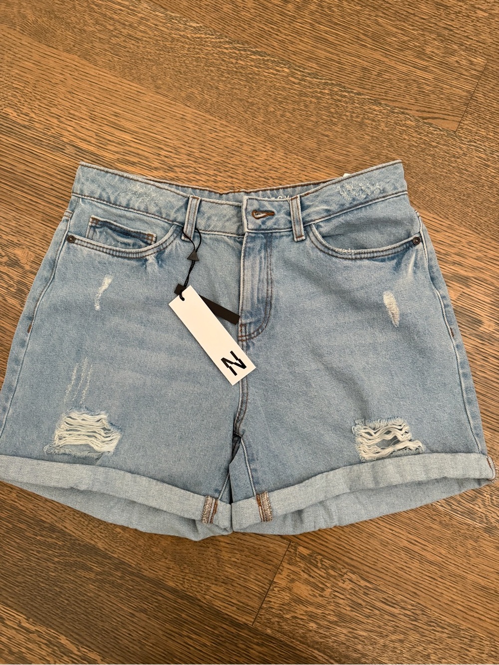 Noisy May Light Blue Distressed Rolled Cuff Jean Shorts